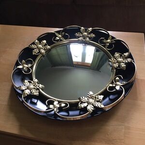 17” Vintage Convex Wall Mirror Black Metal Frame With Brass Filigree 1960's